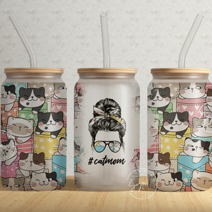 Cat Mom, bicchiere di vetro Libbey da 16 oz, design a sublimazione PNG, regalo per la festa della mamma, involucro per sublimazione dei gatti png, regalo per gli amanti dei gatti
