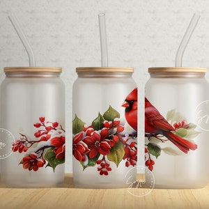 Red Cardinal Tumbler, 16oz Libbey Glass Can Sublimation Design, Winter Floral, Christmas Tumbler Wrap, Gift for Christmas Holiday, Digital