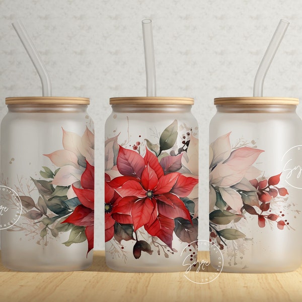 Poinsettia Flower 16oz Libbey Glass Can Sublimation Design, Red Floral Tumbler, Christmas Tumbler Wrap, Gift for Christmas Holiday, Digital