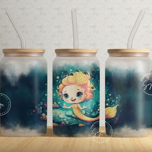 Meerjungfrau-Becher, Baby-Meerjungfrau-Becher, tiefer Ozean, CoralReef, Kinderbecher, große Augen, Baby-Gesicht, 16 Unzen Libbey Glasdose, Meerjungfrau-Glasdose