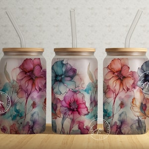 Alcohol Ink Floral Wrap, 16oz Libbey Glass Can Tumbler Sublimation Design, Watercolor Flower Wrap, Flower Glass Can Design, Wild Flower