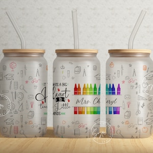 Rainbow Crayons Teacher Tumbler Wrap PNG, Add Teacher Name, Teacher Glass Can, Gift for Teacher, 16 oz Libbey Glass Can Tumbler Sublimation