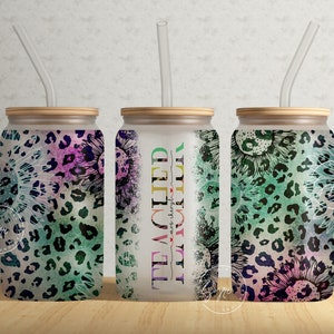 Teacher Tumbler Wrap PNG, Add Teacher Name, Teacher Glass Can, Gift for Teacher, Sunflower, Leopard Pattern, 16 oz Libbey Glass Can Tumbler