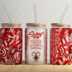 Christmas Tumbler Wrap, Candy Cane Tumbler, Sweet But Twisted PNG, Gift for Christmas Holiday, 16 oz Libbey Glass Can Tumbler, Digital