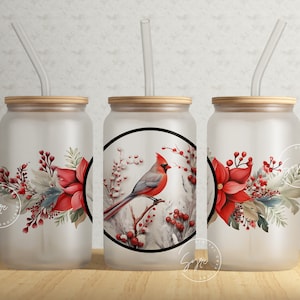 Red Cardinal Tumbler, 16oz Libbey Glass Can Sublimation, Poinsettia Flower, Christmas Tumbler Wrap, Gift for Christmas Holiday, Digital