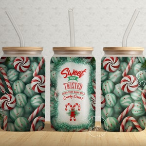 Christmas Tumbler Wrap, Candy Cane Tumbler, Sweet But Twisted PNG, Gift for Christmas Holiday, 16 oz Libbey Glass Can, Pink Tumbler, Digital