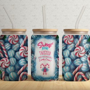 Christmas Tumbler Wrap, Candy Cane Tumbler, Sweet But Twisted PNG, Gift for Christmas Holiday, 16 oz Libbey Glass Can, Pink Tumbler, Digital
