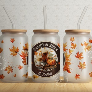 Fall Glass Cup, Autumn Tumbler, Pumpkin Spice And Coffee, 16oz Libbey Glass Jar Sublimation Wrap, Fall Leaves, Wild, Boho, Digital File