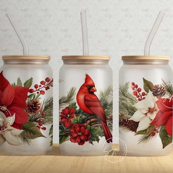 Red Cardinal Tumbler, 16oz Libbey Glass Can Sublimation, Poinsettia Flower, Christmas Tumbler Wrap, Gift for Christmas Holiday, Digital