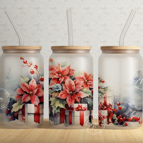 Poinsettia Flower 16 oz Libbey Glass Can Sublimation Design, Red Floral Tumbler, Christmas Tumbler Wrap, Gift for Christmas Holiday, Digital