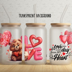 Envoltura para vaso de San Valentín con forma de oso PNG, diseño de sublimación para vaso de vidrio Libbey de 16 oz, vaso con forma de corazón, regalos para ella, descarga digital