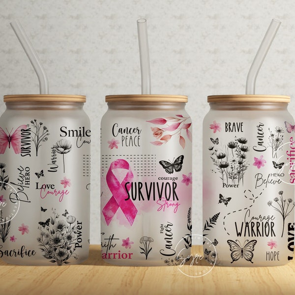 Breast Cancer Awareness, Pink Ribbon tumbler, 16 oz Libbey Glass Can, Motivational Tumbler, Survivor Affirmations, Floral Tumbler, Digital