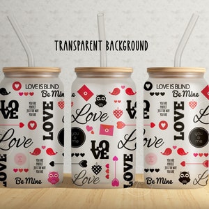 Saint-Valentin emballage de verre PNG, 16 oz Libbey Glass Can Tumbler Sublimation Design, coeur amour Tumbler, cadeaux pour elle, téléchargement numérique