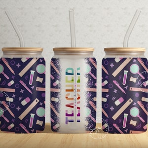 Teacher Tumbler Wrap PNG, Add Teacher Name, Teacher Glass Can, Gift for Teacher, Laboratory Pattern, 16 oz Libbey Glass Can Tumbler