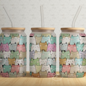16 oz Libbey Glass Can Tumbler Sublimation Design PNG, Cats Pattern, Cute Cats Tumbler Wrap, Cat Sublimation Wrap png, Cat Lover Gift
