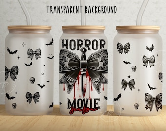 Halloween Horror Movies Season Png Coquette Bow Horror Movie Horror png Halloween png Halloween Sublimation Design png Libbey 16oz Glass Can