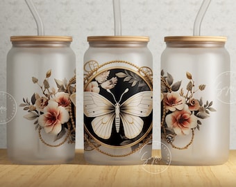 Mariposa con flores vidrio puede envolver png, sublimación de tarro de vidrio Libbey de 16 oz, taza de café floral, envoltura sin costuras de vidrio mariposa, archivo digital