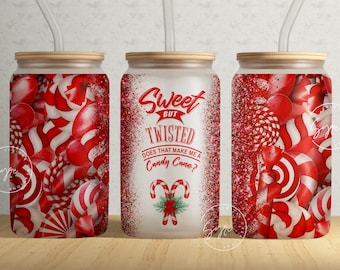 Christmas Tumbler Wrap, Candy Cane Tumbler, Sweet But Twisted PNG, Gift for Christmas Holiday, 16 oz Libbey Glass Can Tumbler, Digital