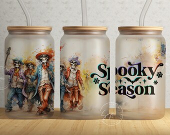 Skeleton Glass Jar, Halloween Glass Can Wrap, Dancing Skeleton Libbey Cup, Spooky Season, 16 oz Libbey Glass Can, Western Glass Can, Digital
