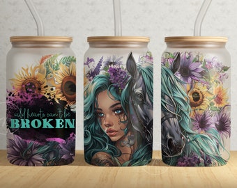 Wild Hearts Cant Be Broken, 16 oz Libbey Glass Can Wrap, Horse Lovers Gift, Horse Tumbler Wrap, Horse Flowers PNG Boho, Celestial, Digital