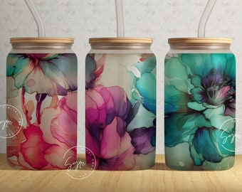 Alcohol Ink Floral Wrap, 16oz Libbey Glass Can Tumbler Design, Watercolor Flower Sublimation Wrap, Flower Glass Can Design, Wild Flower