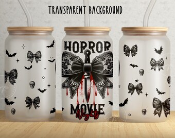Halloween Horror Movies Nights Png Coquette Bow Horror Movie Horror png Halloween png Halloween Sublimation Design png Libbey 16oz Glass Can