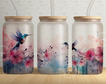 Hummingbird Alcohol Ink Floral Wrap, 16oz Libbey Glass Can Tumbler Sublimation Design, Watercolor Flower Wrap, Flower Glass Can, Wild Flower