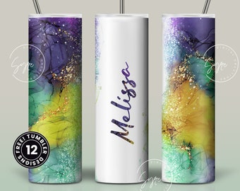 Marble Gold Tumbler, Add Your Own Name, Mardi Gras, Skinny Tumbler 20 oz Design Wrap PNG, Seamless Sublimation Design, Skinny Travel Tumbler
