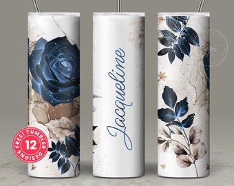 Add Your Own Name Tumbler, Skinny Tumbler 20 oz Design Wrap, Navy Blue Gold Floral, Seamless Sublimation Design PNG, Skinny Travel Tumbler