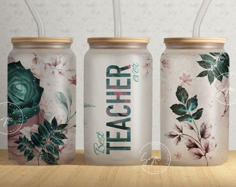 May include: Three frosted glass tumblers with bamboo lids and clear straws. The tumblers feature a floral design with green leaves and pink flowers. One tumbler has the text "Best Teacher Ever" in pink and green.