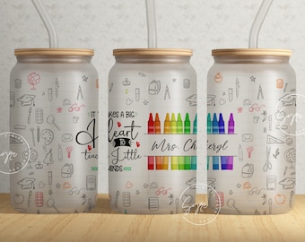 Rainbow Crayons Teacher Tumbler Wrap PNG, Add Teacher Name, Teacher Glass Can, Gift for Teacher, 16 oz Libbey Glass Can Tumbler Sublimation