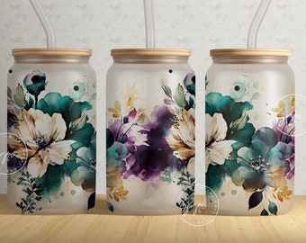 Boho Floral Wrap, 16oz Libbey Glass Can Tumbler Sublimation Design, Watercolor Flower Sublimation Wrap, Flower Glass Can Design, Wild Flower