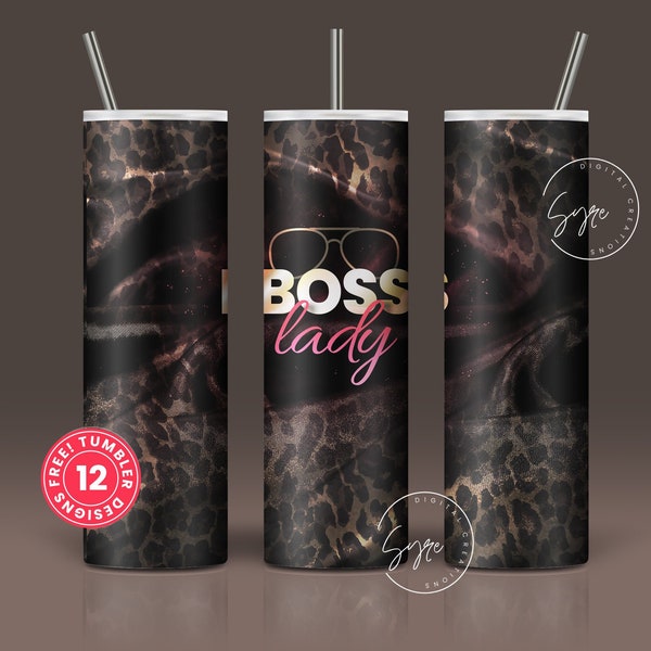 Boss Lady Tumbler, Leopard Print, Black Satin Fabric, Work From Home Mom, Boss Day Gift, 20 oz Seamless Sublimation Skinny Tumbler Wrap PNG