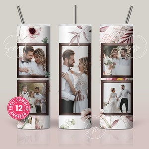 White Photo Tumbler Png, Wedding Tumbler Wrap, 4 Photo Collage Design, White Floral 20 oz Skinny Tumbler Sublimation wrap PNG