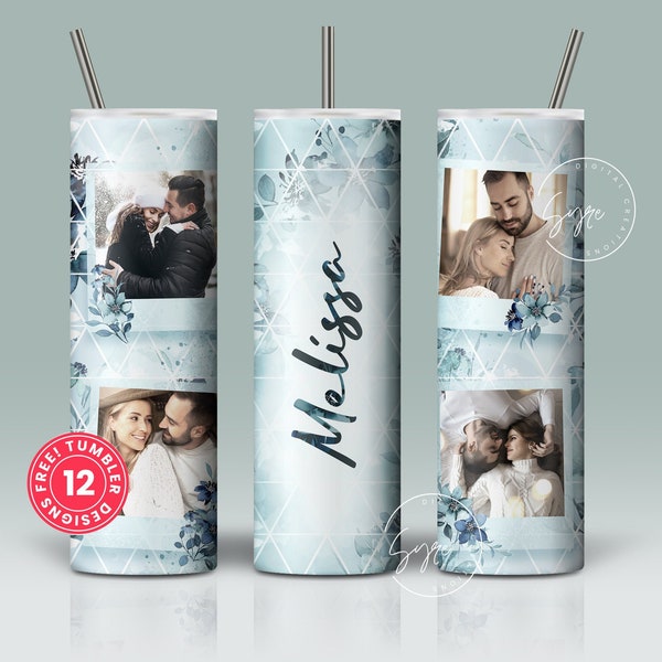 Floral Photo Tumbler, Add Your Name, Picture Frame Tumbler, 20oz Skinny Tumbler,  Seamless Tumbler for Pictures Sublimation Design PNG