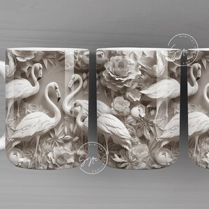 3D Flamingo Mug, White Floral Mug Wrap, Flamingo Mug Design, 3D Flower Mug, 3D Mural Mug, 11 & 15 Oz Mug Sublimation Wrap, Digital Download
