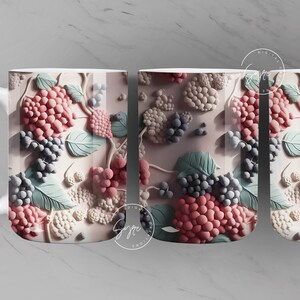 3D Fruits Mug, 3D Flower Mug, Berries Design, Wedding Mug Design, 3D Mural Mug, 11 & 15 Oz Mug Sublimation Wrap, Digital Download