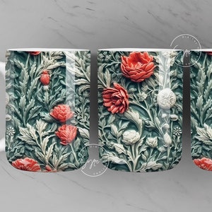 3D Flower Mug, Wild Flower Mug, Wedding Mug Design, Floral Mug PNG, 3D Mural Mug, 11 & 15 Oz Mug Sublimation Wrap, Digital Download