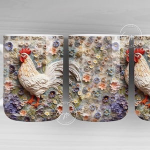 3D Rooster Mug, Floral Mug Wrap, Chicken Mug Design, 3D Flower Mug, 3D Mural Mug, 11 & 15 Oz Mug Sublimation Wrap, Digital Download