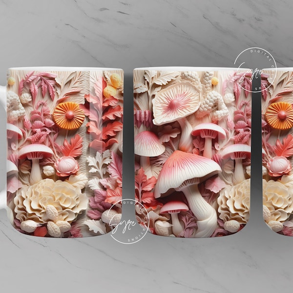 3D Mushroom Mug, 3D Flower Mug, Floral Design, Wedding Mug Design, 3D Mural Mug, 11 & 15 Oz Mug Sublimation Wrap, Digital Download