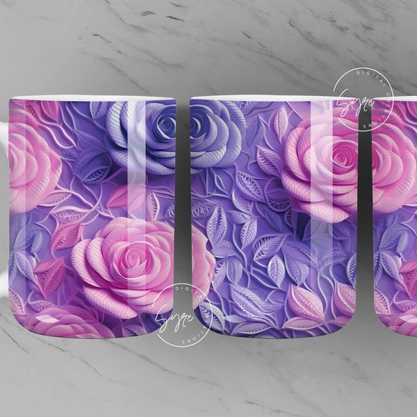 Embroidered Lace Flower Mug, 3D Flower Mug, Pink Rose, Floral Mug Wrap, Wedding Mug,, 11 & 15 Oz Mug Sublimation Wrap, Digital Download