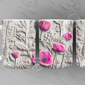 3D Flower Mug, 3D Floral Mug, Wedding Mug Design, Floral Mug PNG, 3D Mural Mug, 11 & 15 Oz Mug Sublimation Wrap, Digital Download