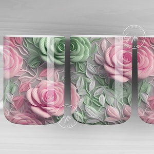 Embroidered Lace Flower Mug, 3D Flower Mug, Pink Rose, Floral Mug Wrap, Wedding Mug,, 11 & 15 Oz Mug Sublimation Wrap, Digital Download