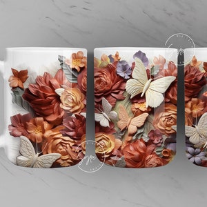 3D Flower Mug, Wild Flower Mug, 3D Butterfly Mug Design, Floral Mug PNG, 3D Mural Mug, 11 & 15 Oz Mug Sublimation Wrap, Digital Download