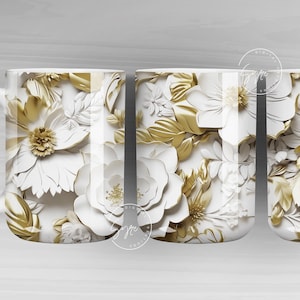3D Flower Mug, White Floral Mug, Wedding Mug Design, Gold Floral Mug PNG, 3D Mural Mug, 11 & 15 Oz Mug Sublimation Wrap, Digital Download