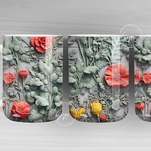 3D Flower Mug, Green Floral Mug, Wedding Mug Design, Floral Mug PNG, 3D Mural Mug, 11 & 15 Oz Mug Sublimation Wrap, Digital Download