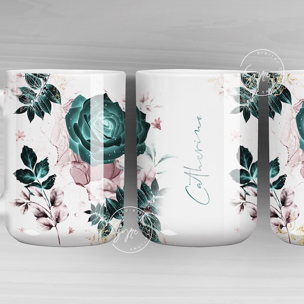 Add Your Own Name Mug Design, Green Gold Floral Sublimation Wrap, Flower Mug Wrap, 11 & 15 Oz Mug Cricut Press Sublimation Wrap