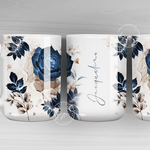 Add Your Own Name Mug Design, Navy Blue Gold Floral Sublimation Wrap, Flower Mug Wrap, 11 & 15 Oz Mug Cricut Press Sublimation Wrap