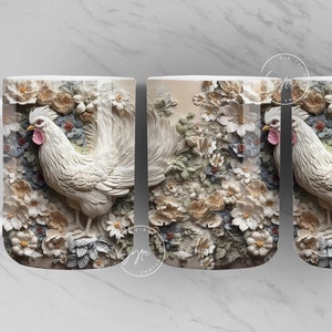 3D Rooster Mug, Floral Mug Wrap, Chicken Mug Design, 3D Flower Mug, 3D Mural Mug, 11 & 15 Oz Mug Sublimation Wrap, Digital Download