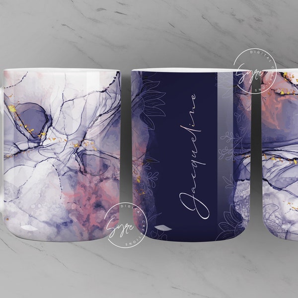 Marble Floral Gold Abstract Sublimation Mug Wrap, Add Your Own Name, Marble Mug Wrap Pattern, 11 & 15 Oz Mug Press Sublimation Wrap